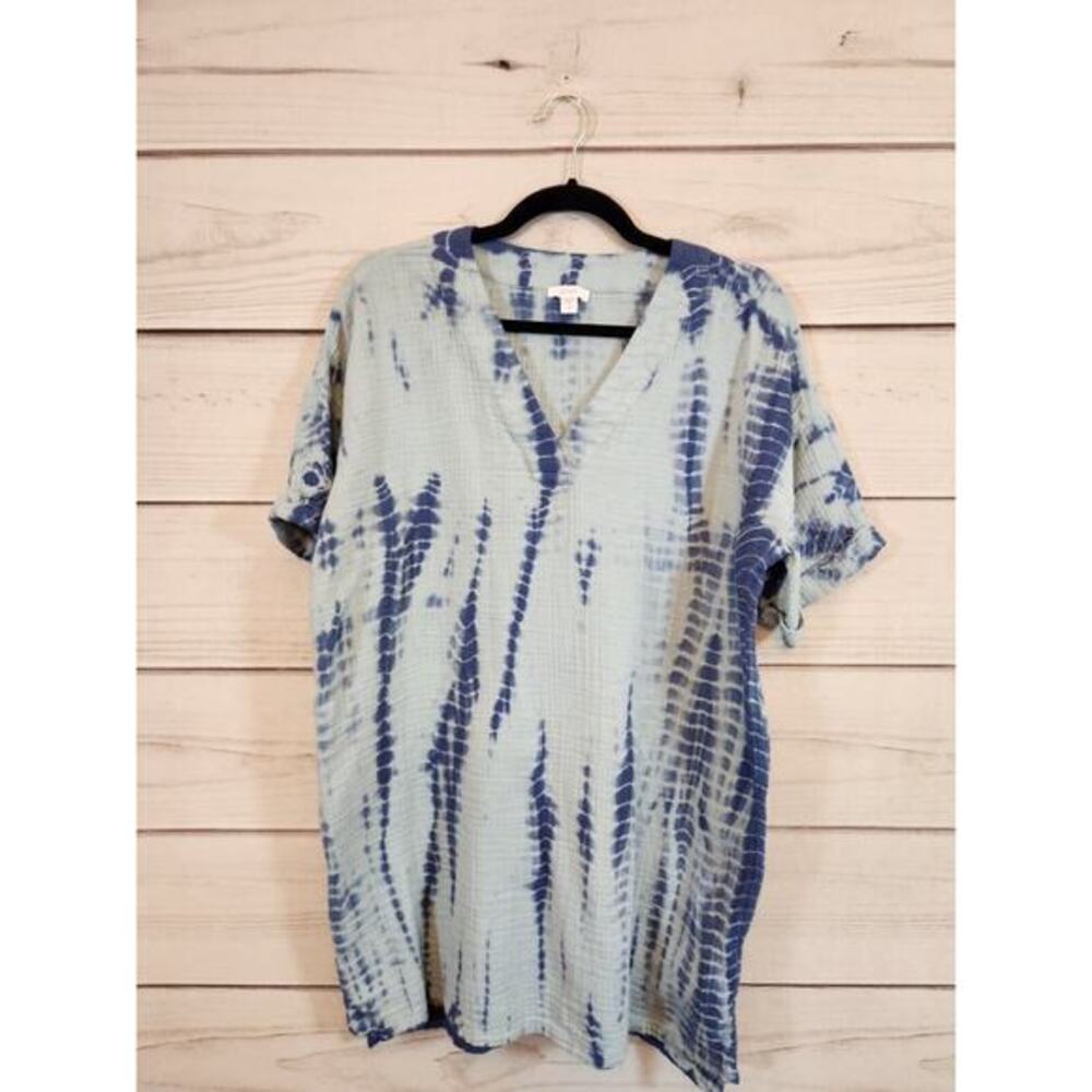 Pure Jill Women's Cotton Blue Tie-Dyed Crinkle Gauze Tunic Top Blouse Size‎ S